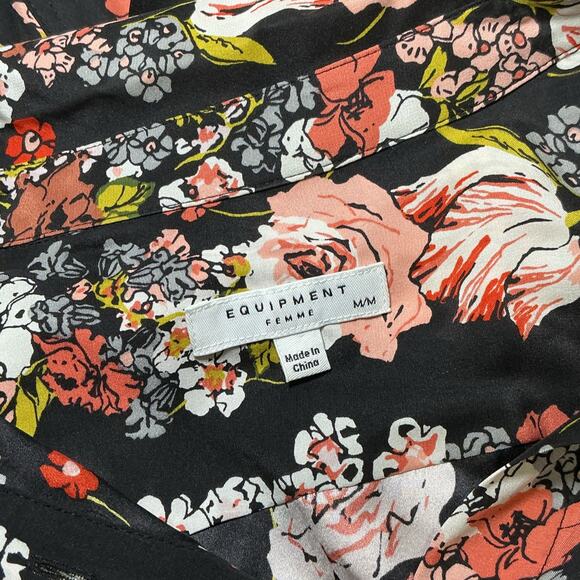 Equipment Femme Silk Floral Stripe Button Front Blouse Black Pink Ivory Size M - Picture 7 of 8